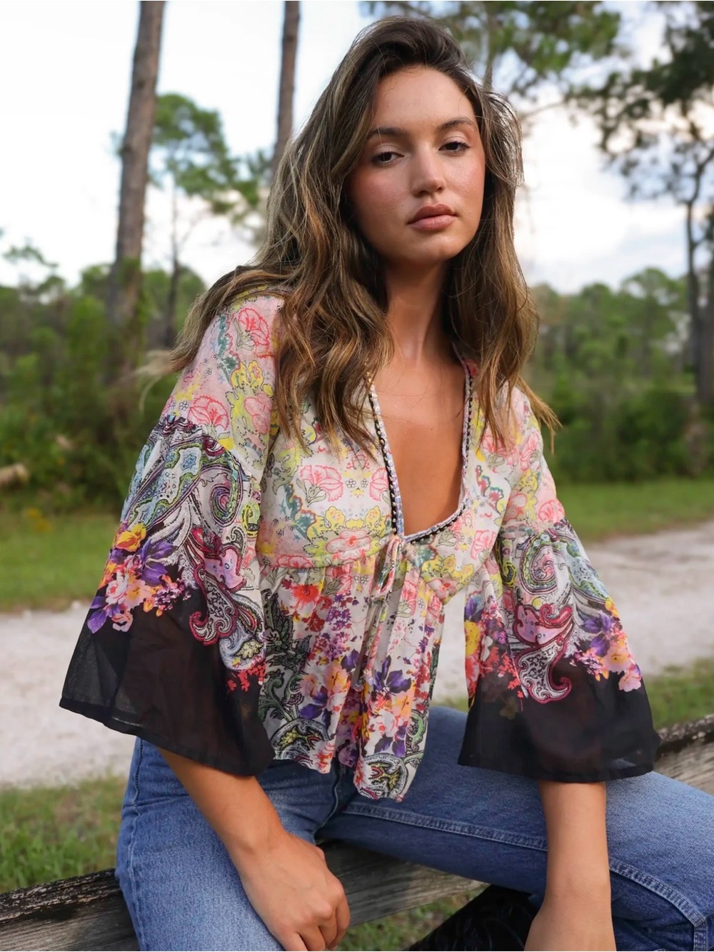 NATURAL LIFE Floral Paisley Sheer Peasant Blouse in Pink, Black, Yellow